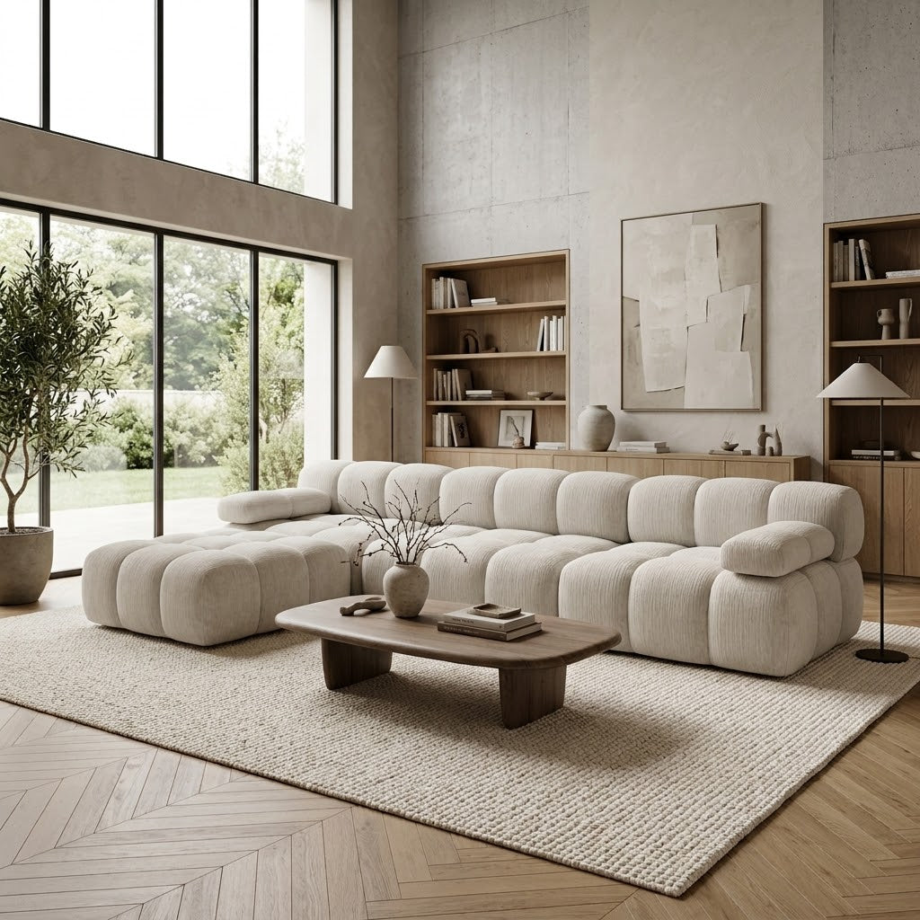 Canapé d’angle en chenille blanc modulable, assises profondes et formes arrondies Image