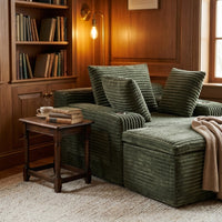 Fauteuil 1 place en velours côtelé vert olive, vue 3/4, plusieurs coussins assortis