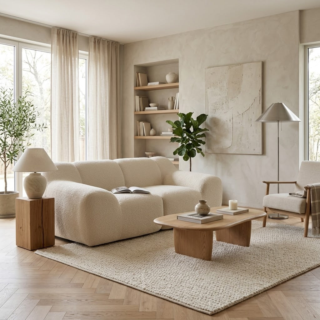 Canapé compressé 2 places en chenille beige clair, forme basse et coussins