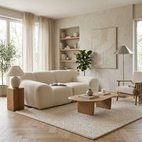 Canapé compressé 2 places en chenille beige clair, forme basse et coussins