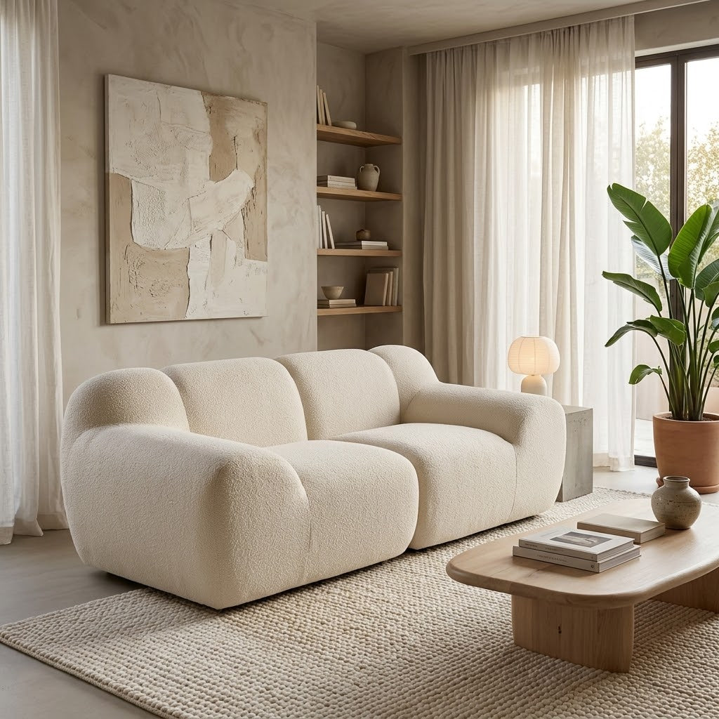 Canapé 2 places en chenille beige clair, vue trois-quarts, accoudoirs enveloppants