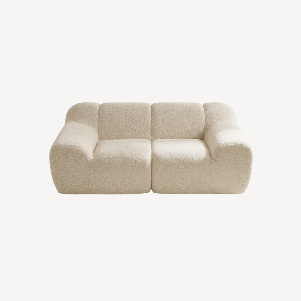 Canapé compressé 2 places en chenille beige clair, dossier en coussins séparés