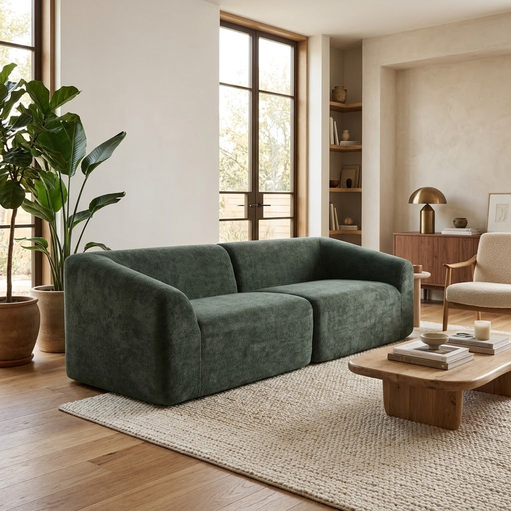 Canapé 3 places vert en tissu chenille, assises basses, accoudoirs arrondis