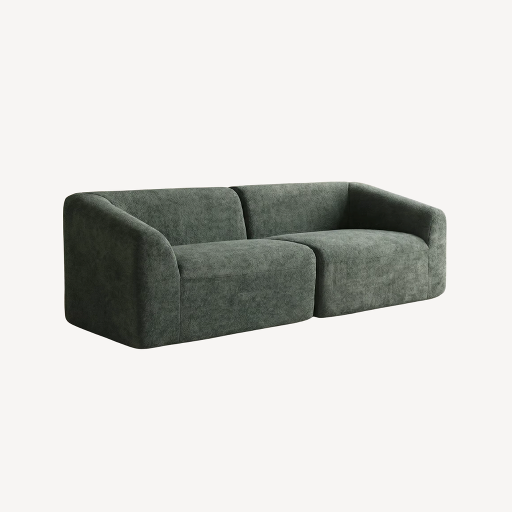 Canapé 3 places vert en tissu chenille, accoudoirs et assise rembourrés