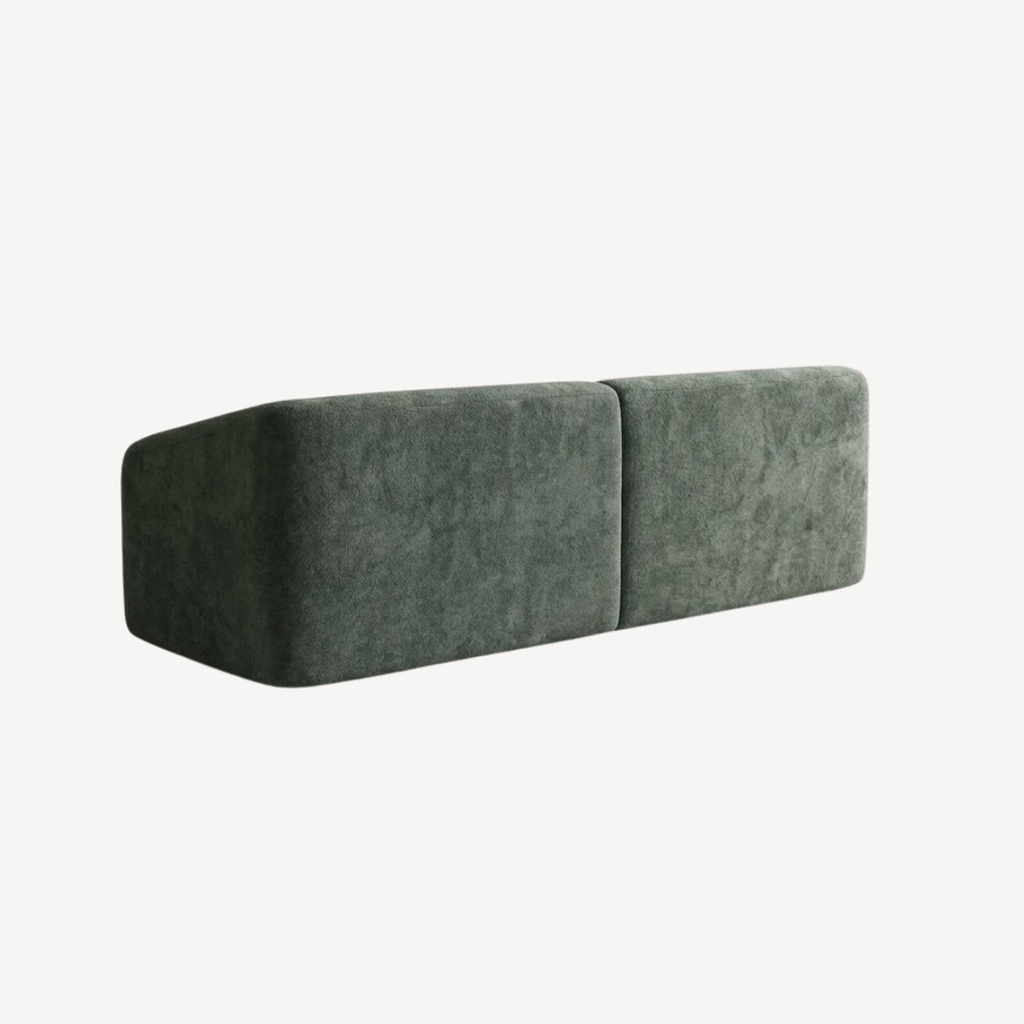Canapé 3 places vert en tissu chenille, vue de côté, dossiers et accoudoirs pleins
