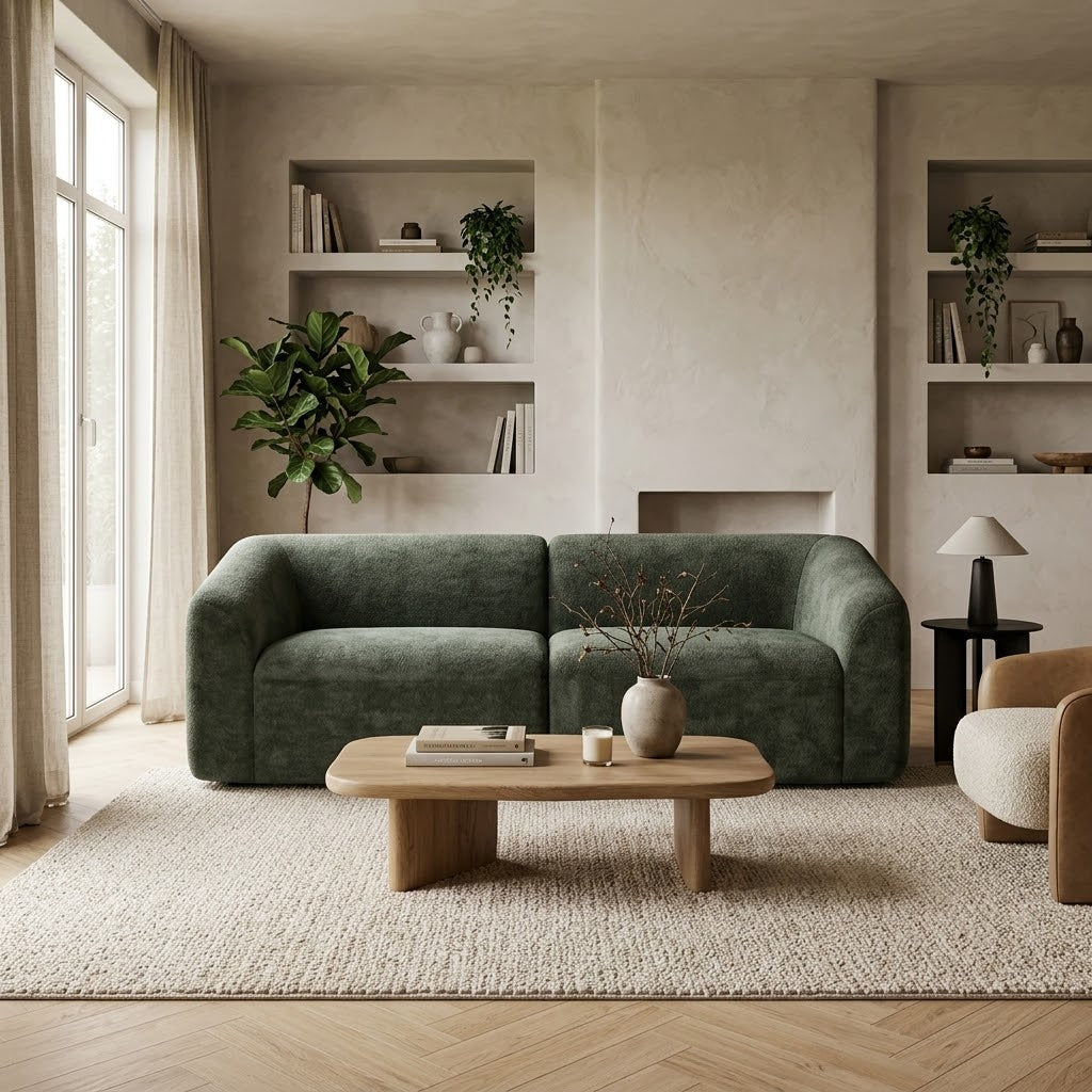 Canapé 3 places vert en tissu chenille, vue trois-quarts, finitions et coutures nettes