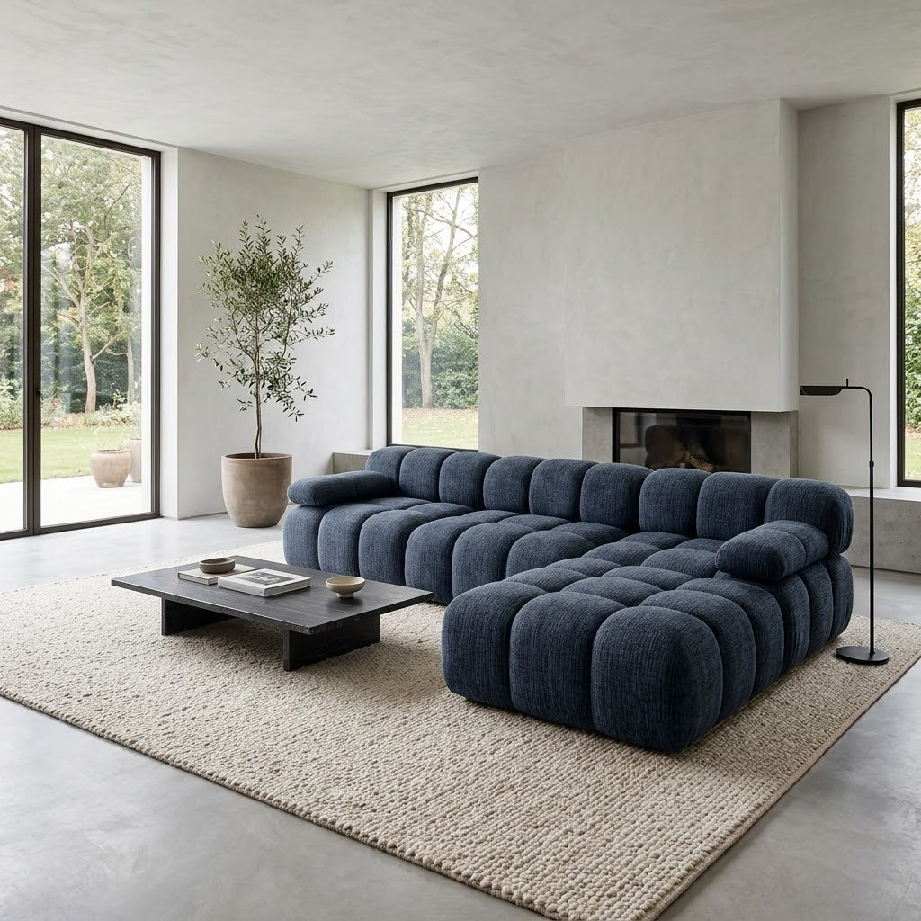 Canapé d’angle en chenille bleu, assises capitonnées et accoudoirs en forme arrondie