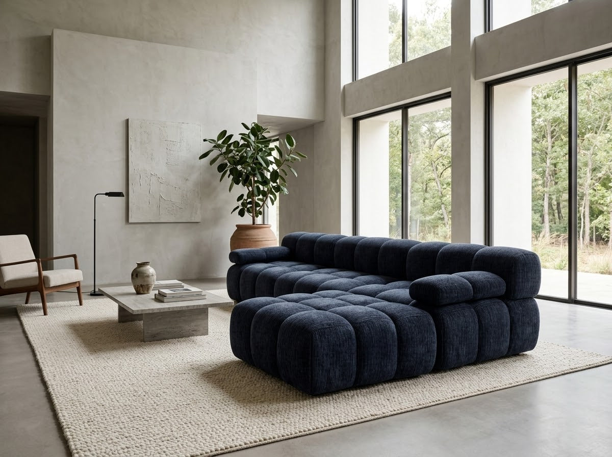 Canapé d’angle en chenille bleu foncé, méridienne et coussins épais en relief