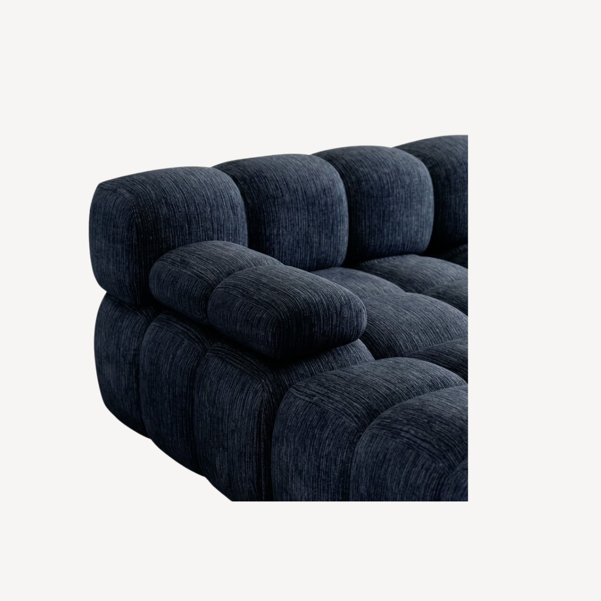 Canapé d’angle en chenille bleu foncé, texture côtelée, accoudoir et assise