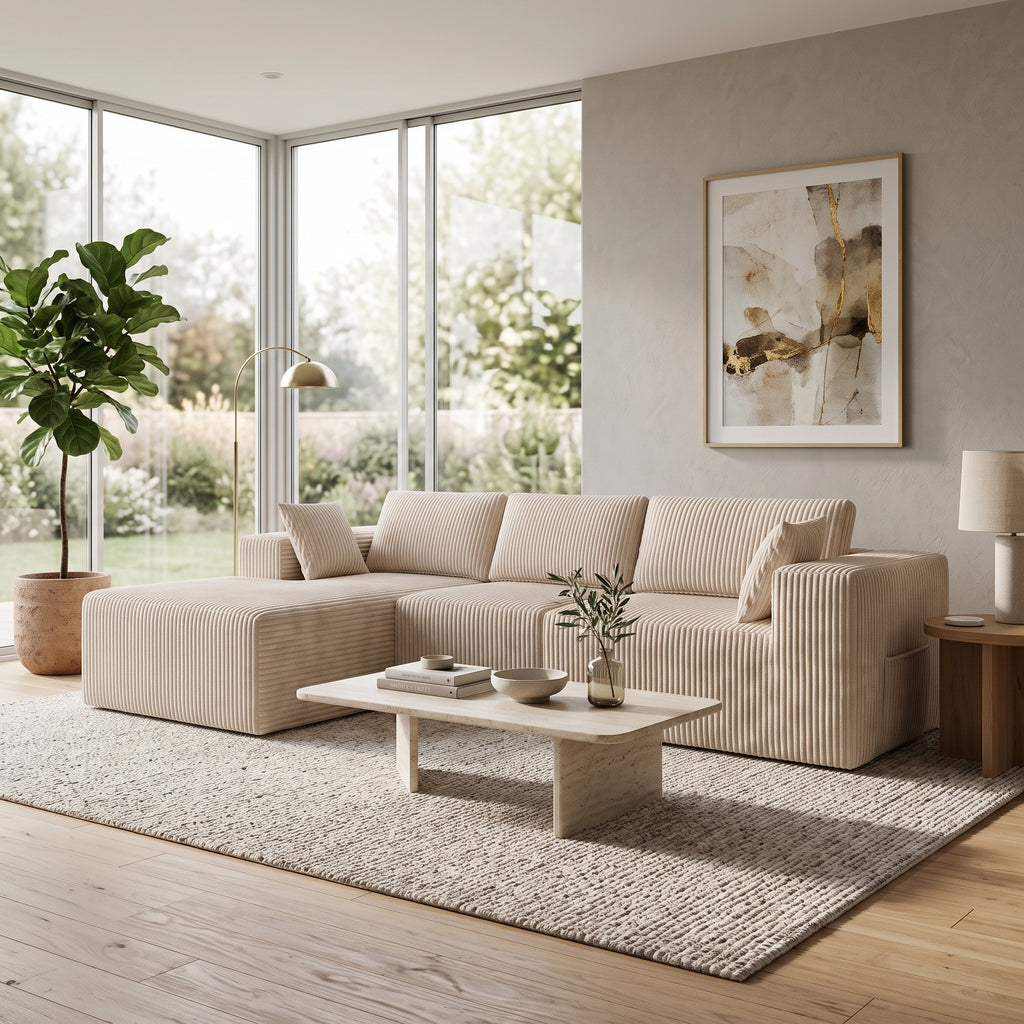 Canapé d’angle modulable 4 places en velours côtelé blanc crème, assise en L.