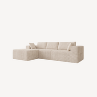 Canapé d’angle modulable en velours côtelé blanc crème, assise longue, vue de côté.