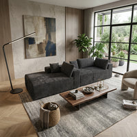 Canapé d’angle modulable 4 places en velours côtelé gris charbon, assise en L.
