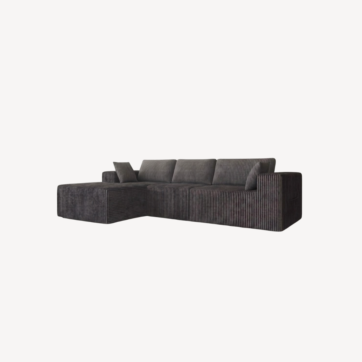 Canapé d’angle modulable 4 places en velours côtelé gris charbon, assise longue.