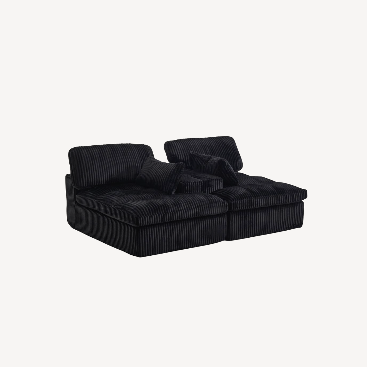 Canapé modulable 2 places en velours côtelé noir, assises réversibles et coussins d’accoudoir