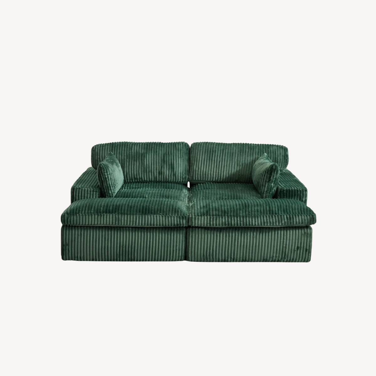 Canapé 2 places en velours côtelé vert foncé, coussins d’assise et de dossier