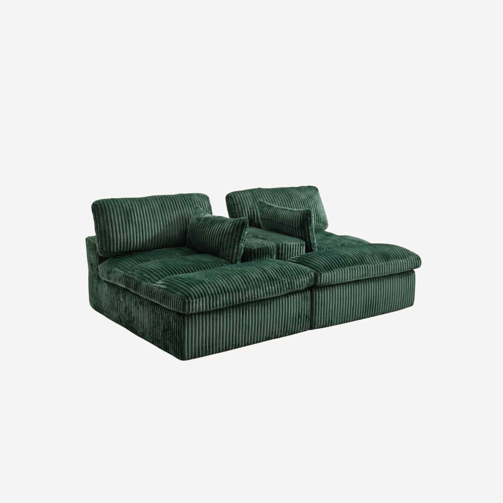 Canapé modulable 2 places en velours côtelé vert foncé, vue trois-quarts
