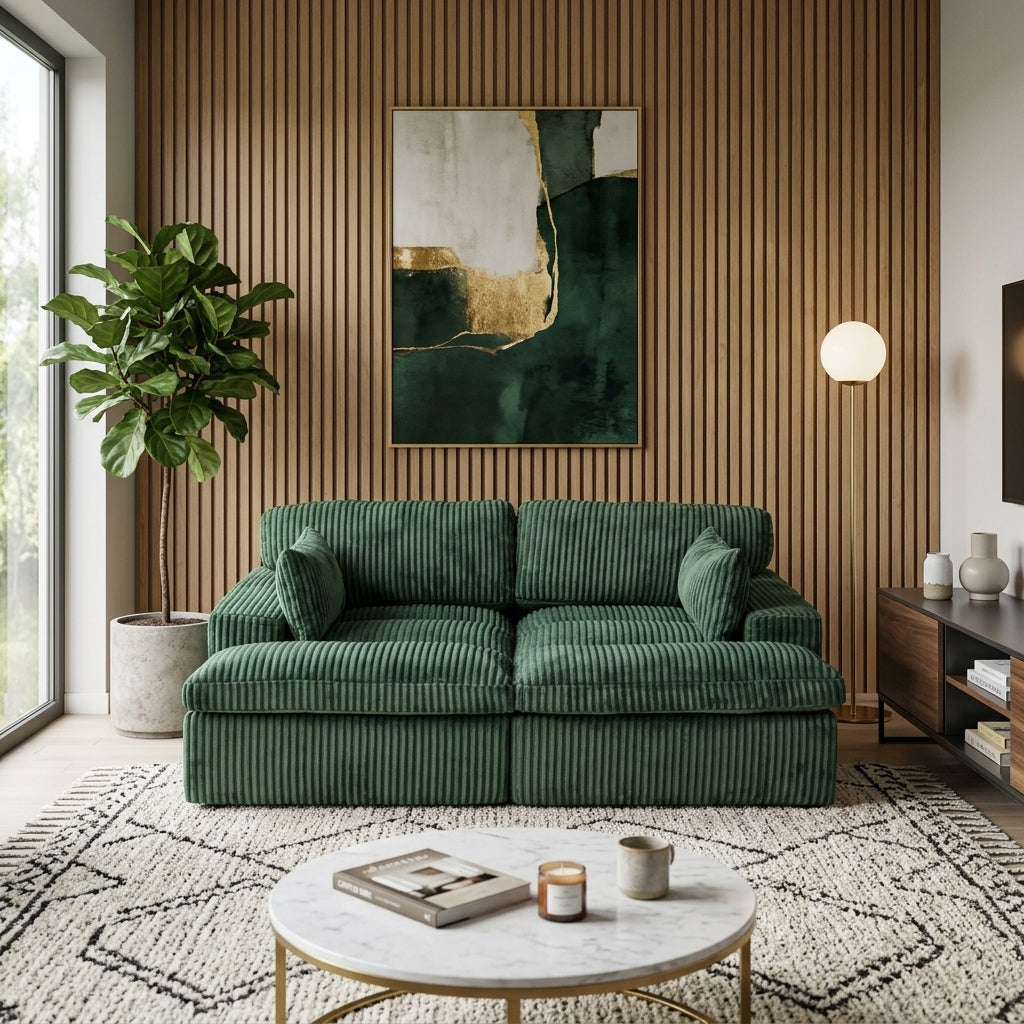 Canapé modulable 2 places en velours côtelé vert foncé, assises profondes et coussins
