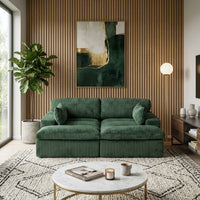 Canapé modulable 2 places en velours côtelé vert foncé, assises profondes et coussins