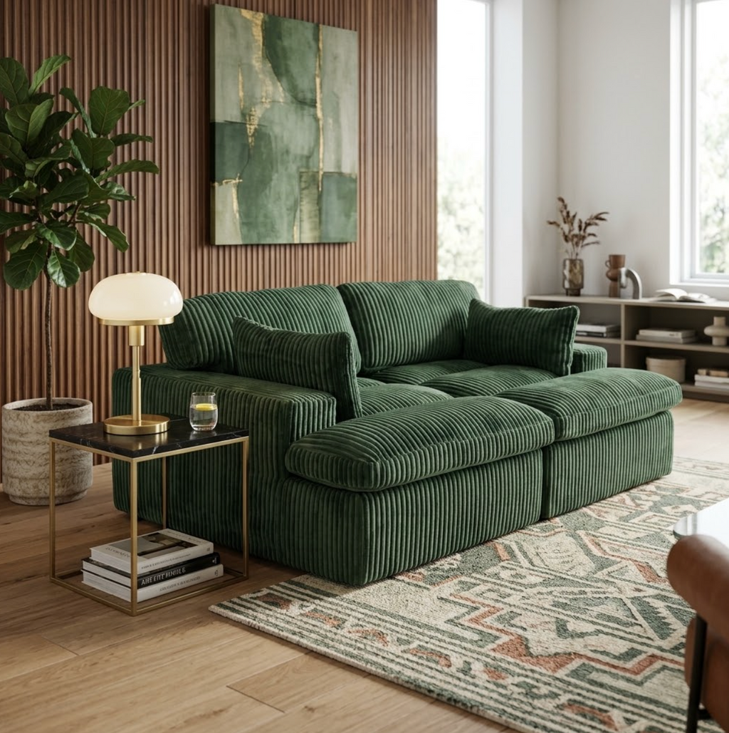 Canapé modulable 2 places en velours côtelé vert foncé, dossier rembourré
