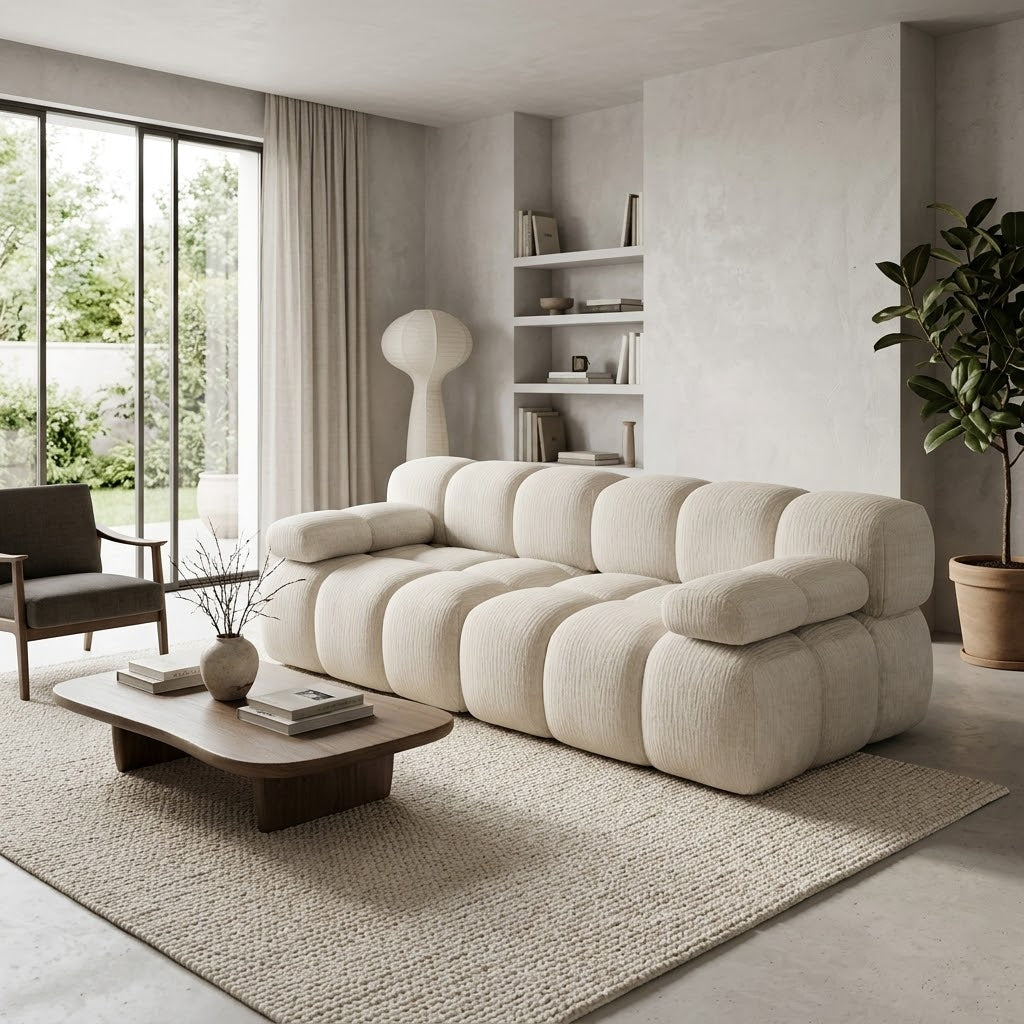 Canapé droit 2 places en chenille compressée, blanc, assise longue et accoudoirs arrondis.
