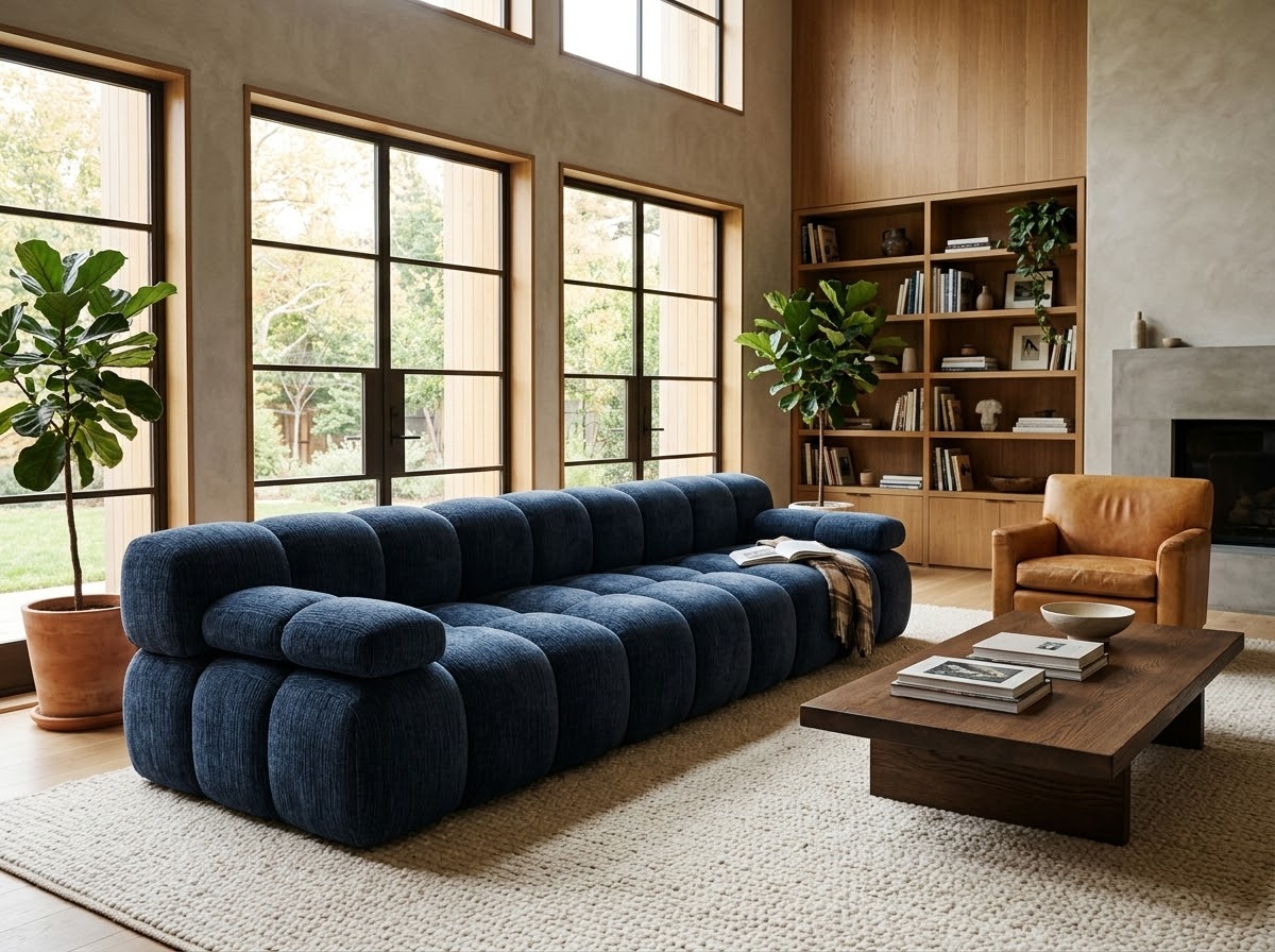 Canapé 3 places droit en chenille bleu, assise en rangées de coussins compressés.