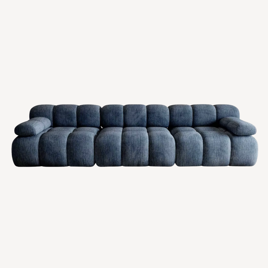 Canapé droit 3 places en chenille bleu foncé, accoudoirs et coussins épais