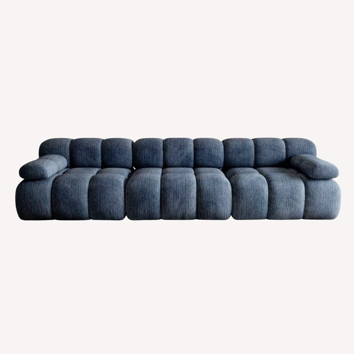 Canapé droit 3 places en chenille bleu foncé, accoudoirs et coussins épais
