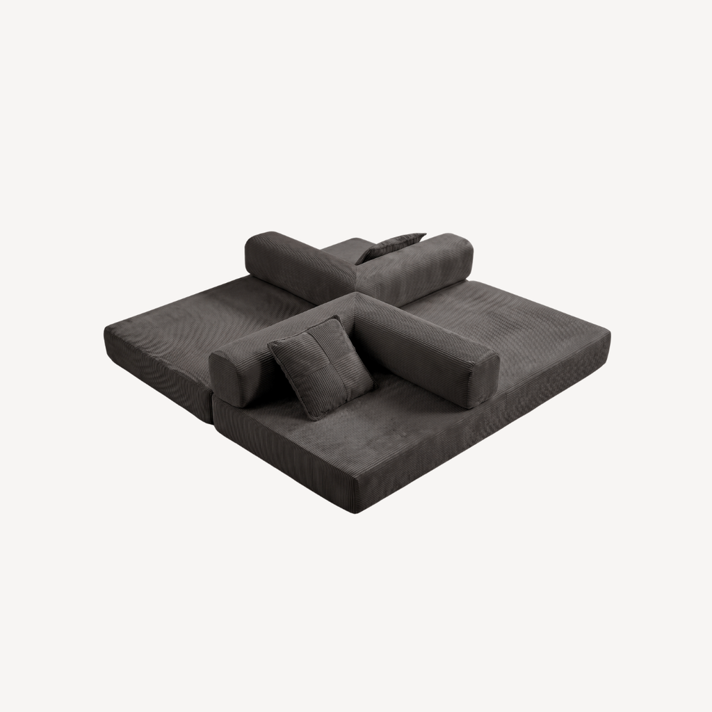 Canapé modulable anthracite en velours côtelé, vue dessus avec coussins et dossiers