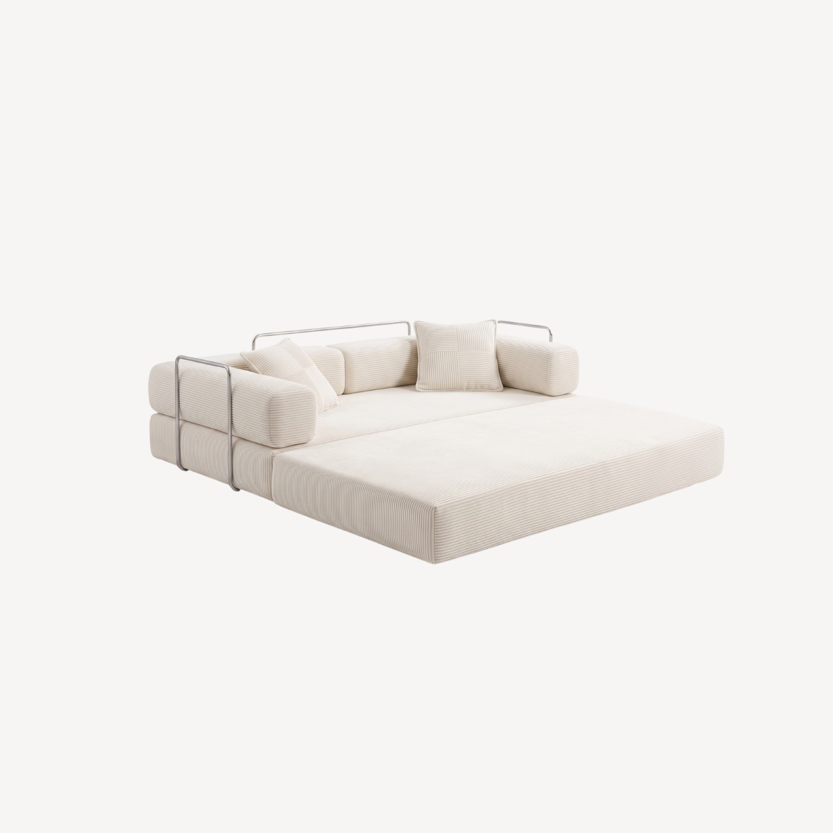 Canapé modulable 2 places en velours côtelé blanc, assise longue et coussins décoratifs