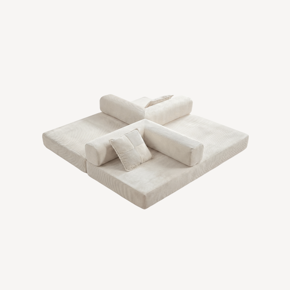 Canapé modulable 2 places en velours côtelé blanc, assise déployée et coussins