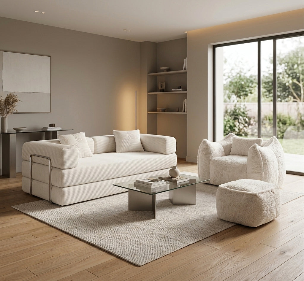 Fauteuil 1 place en fourrure claire avec repose-pied assorti
