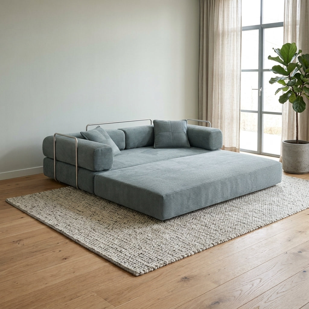 Canapé 2 places bleu ardoise en velours côtelé, accoudoirs arrondis et matelas déplié.