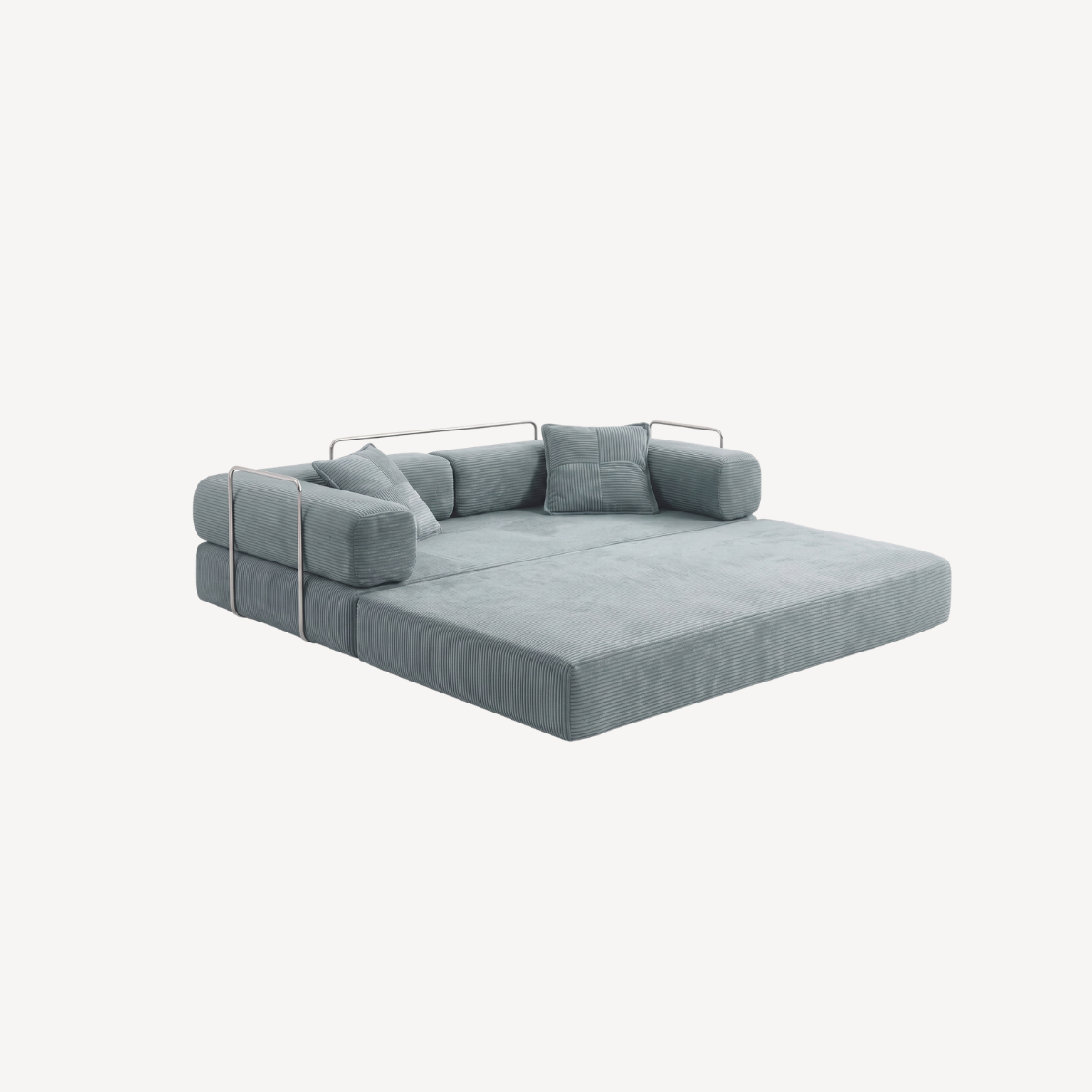 Canapé 2 places bleu ardoise en velours côtelé, configuration couchage avec coussins.