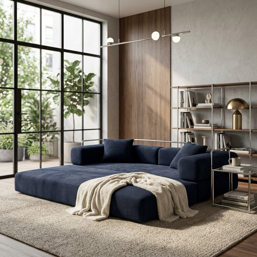 Canapé modulable bleu foncé en velours côtelé, assise, coussins et plaid beige.