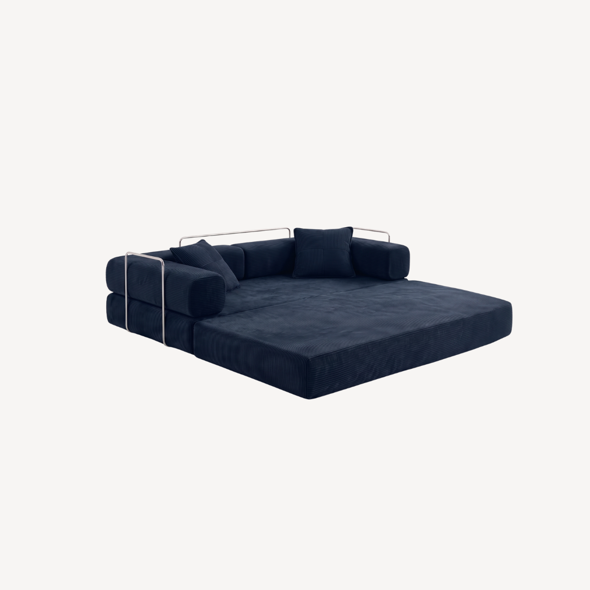 Canapé modulable bleu foncé en velours côtelé, convertible en couchage plat.