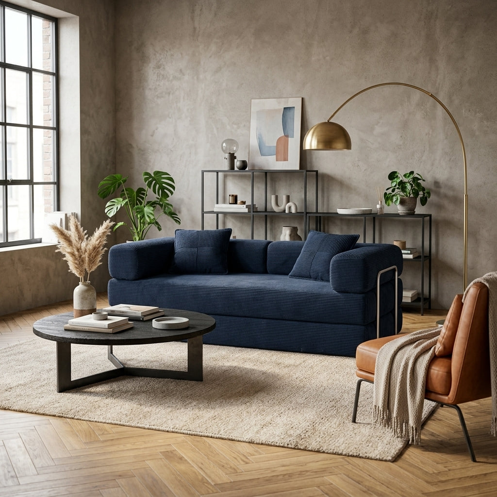 Canapé 2 places bleu foncé en velours côtelé, coussins carrés et accoudoirs métal.