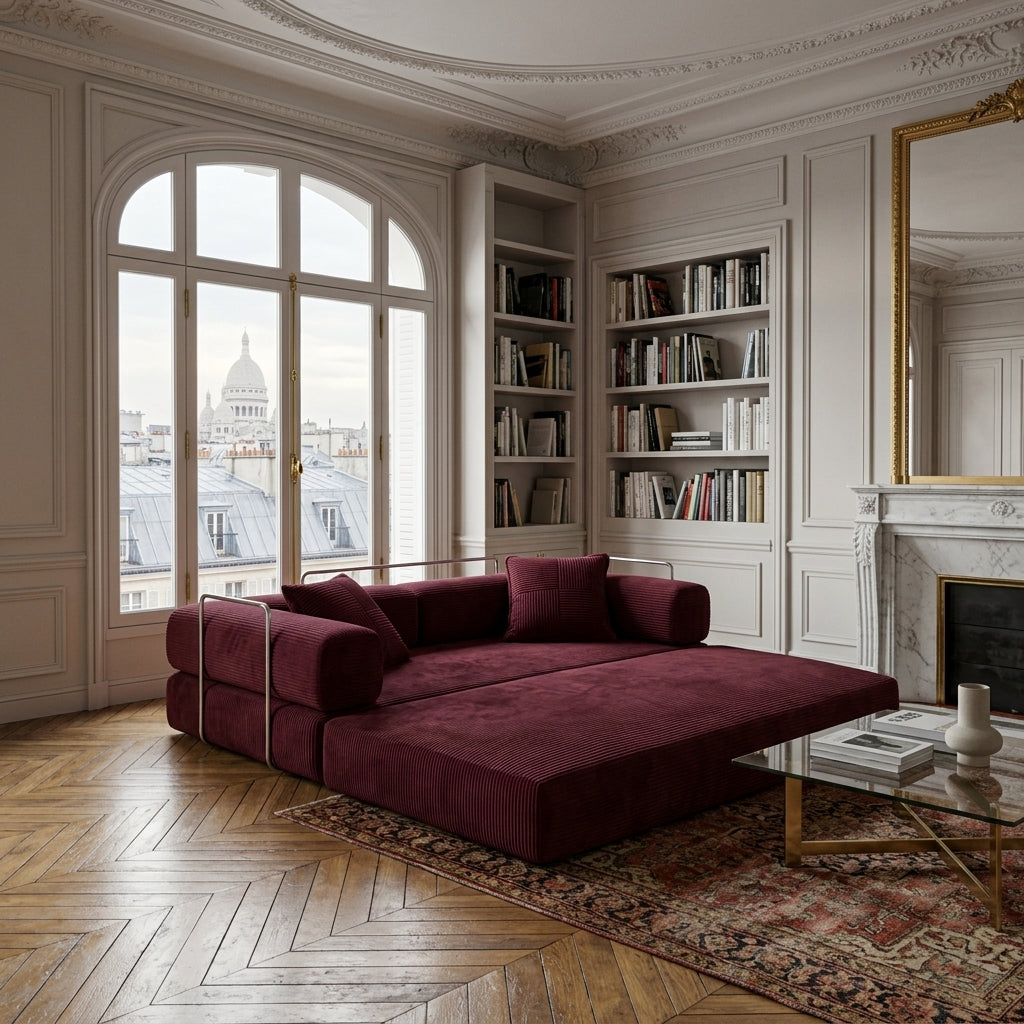 Canapé bordeaux en velours côtelé, assise dépliée avec coussins aux extrémités.