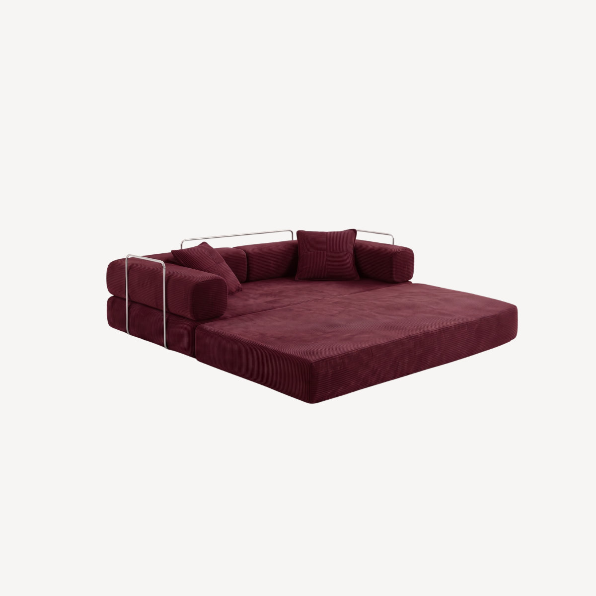Canapé convertible bordeaux en velours côtelé, assise ouverte avec coussins d’angle.