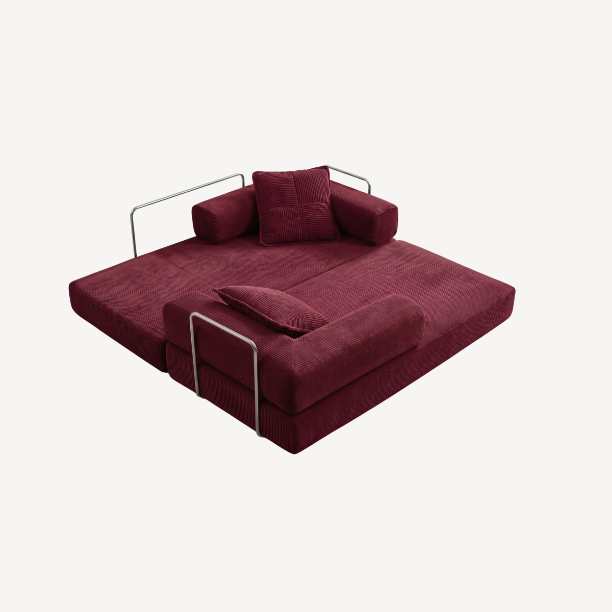 Canapé 2 places bordeaux en velours côtelé, assise dépliée avec coussins mobiles.