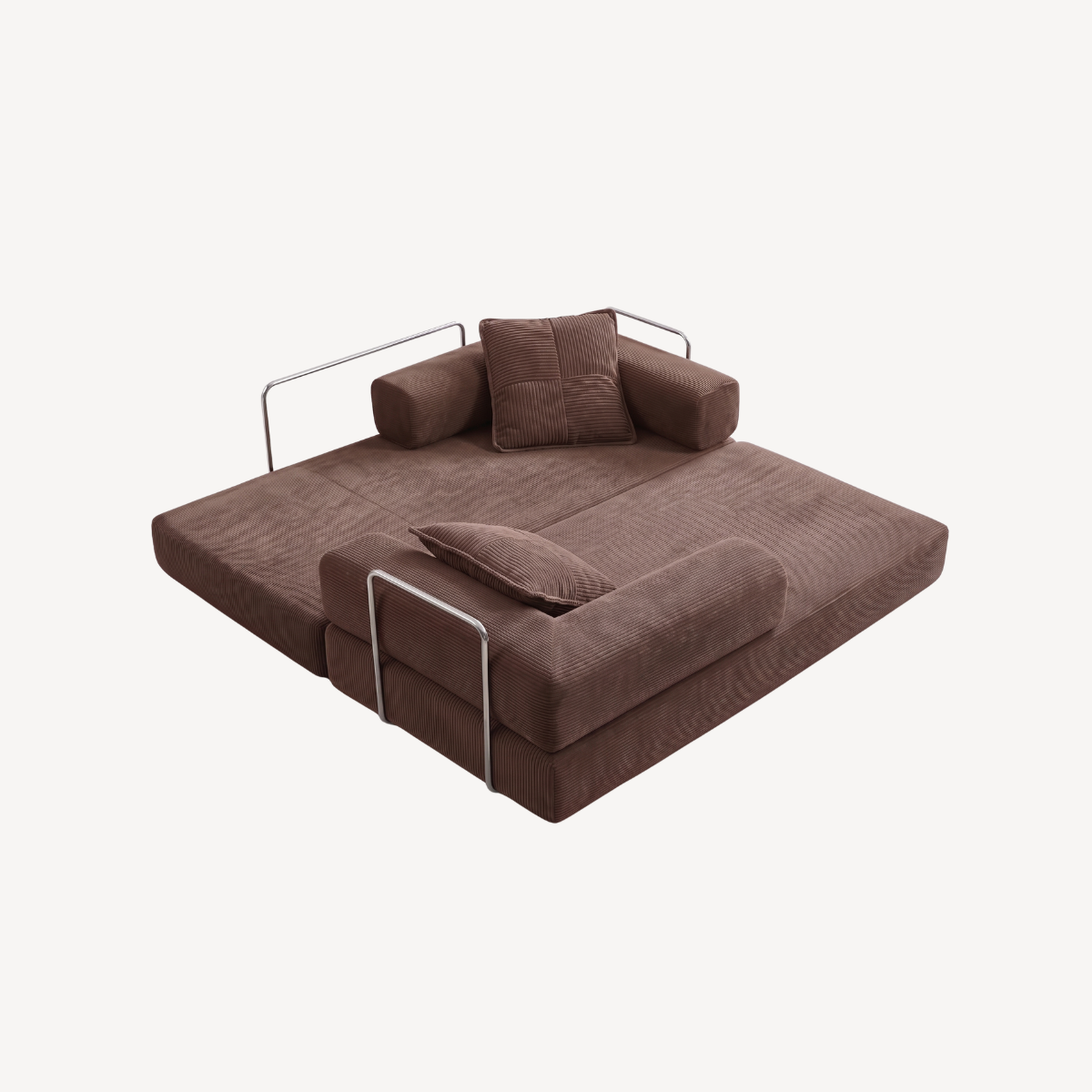 Canapé modulable velours côtelé brun en couchage, dossiers relevables et coussins