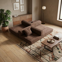 Canapé modulable velours côtelé brun en couchage, méridienne et coussins de tête