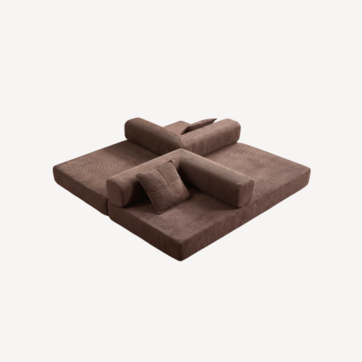 Canapé modulable velours côtelé brun en couchage, coussins de tête et banquettes