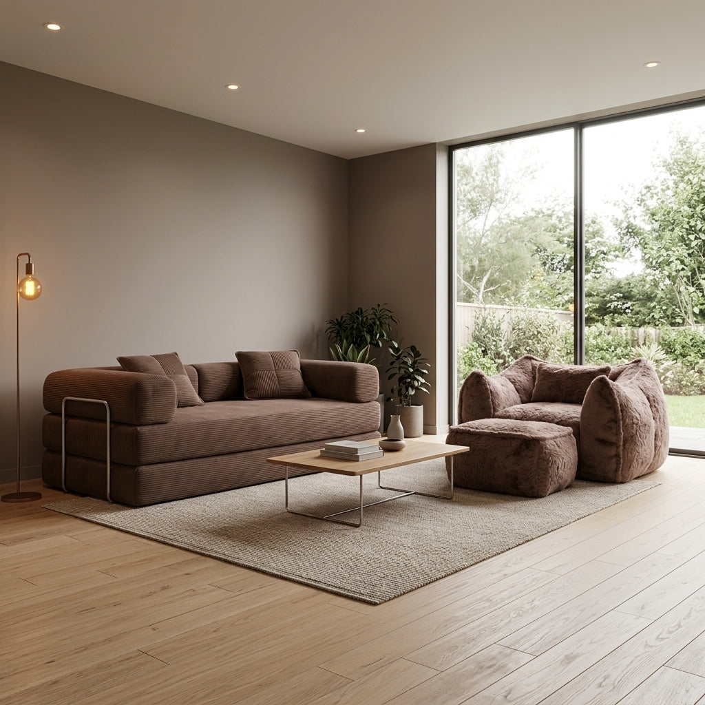 Fauteuil 1 place en fourrure marron avec repose-pied intégré