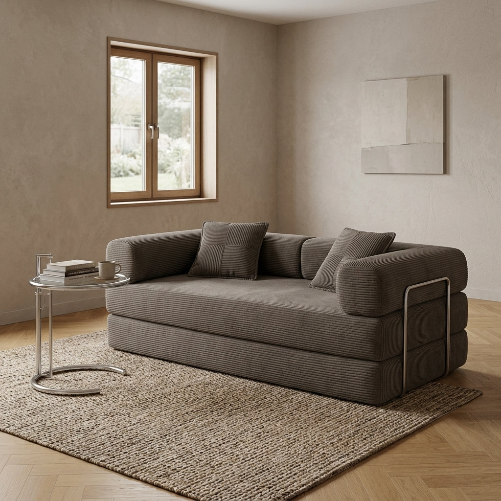Canapé modulable 2 places en velours côtelé gris minéral, dossier et coussins
