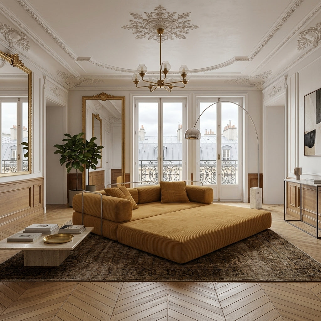 Canapé modulable en velours côtelé jaune moutarde, coussins et assise dépliée