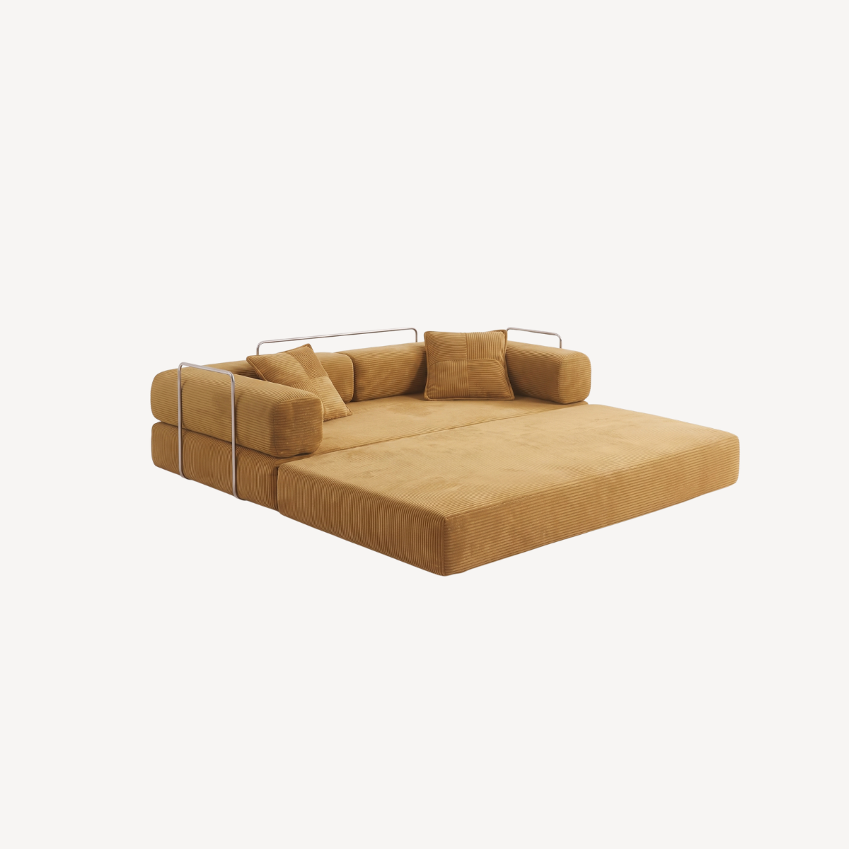 Canapé convertible en velours côtelé jaune moutarde, assise dépliée avec coussins