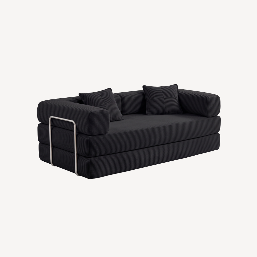Canapé 2 places modulable en velours côtelé noir, coussins d’assise et de dossier.