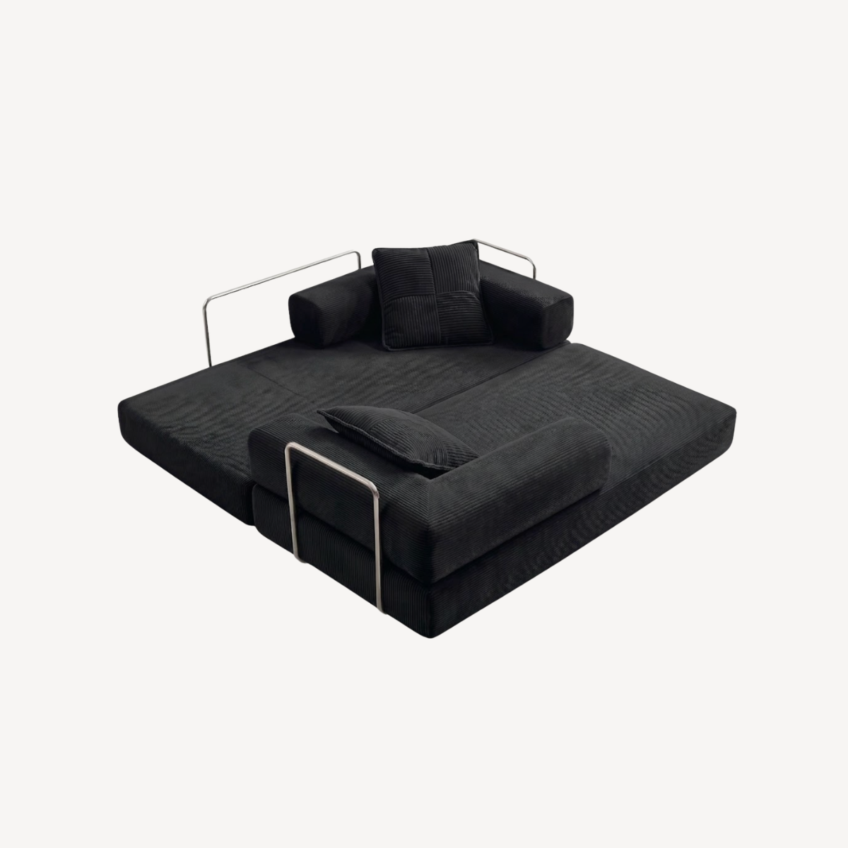 Canapé 2 places modulable velours côtelé noir, configuration couchage avec dossier relevé.