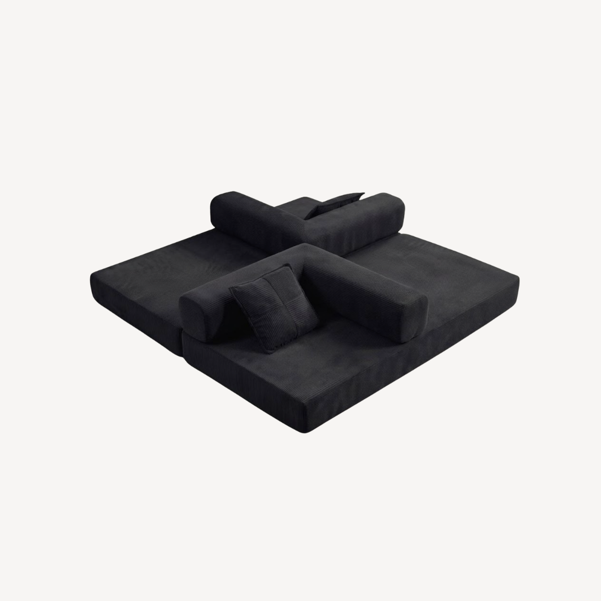 Canapé 2 places modulable velours côtelé noir, assise étendue en position lit.