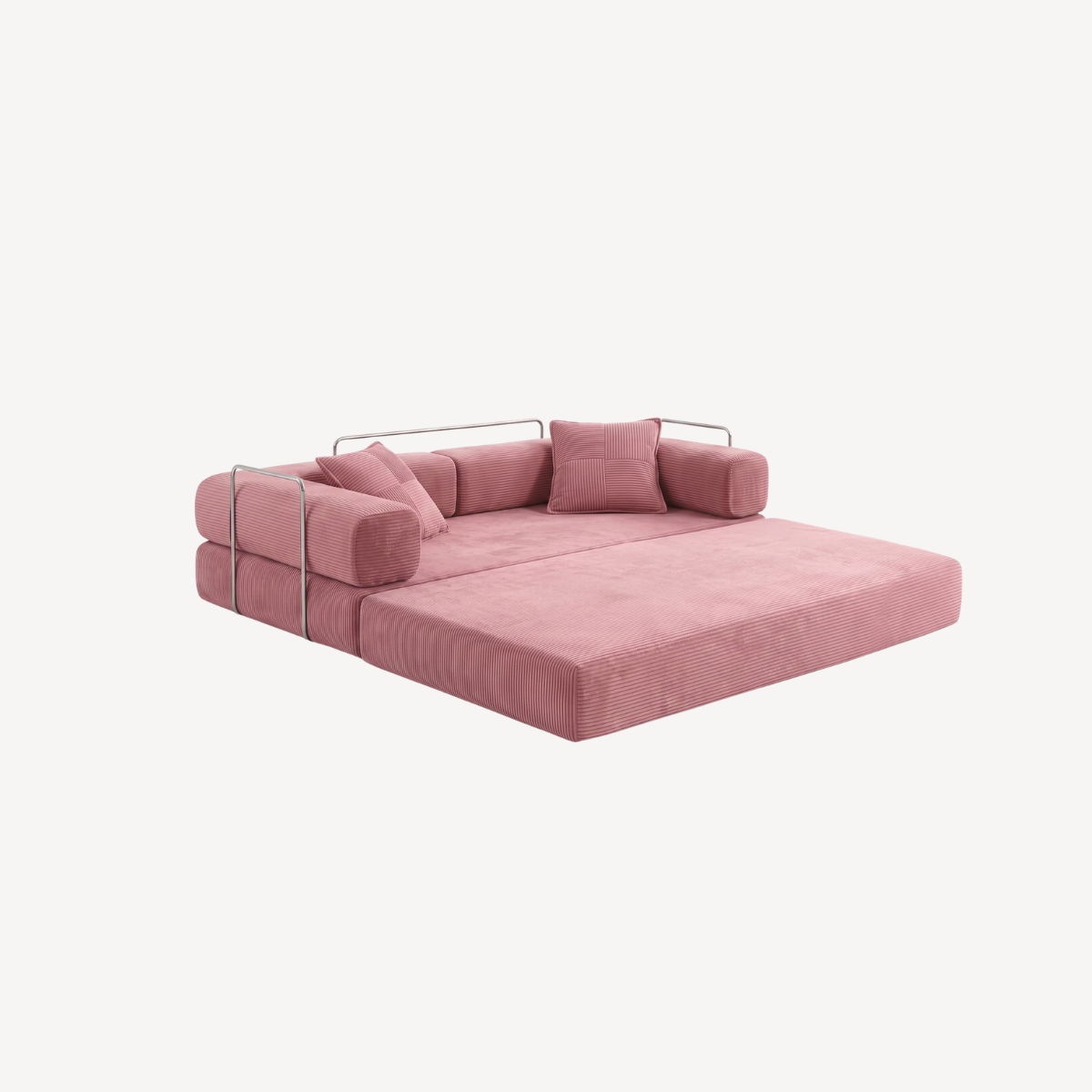 Canapé rose en velours côtelé déplié, surface de couchage avec coussins et barres